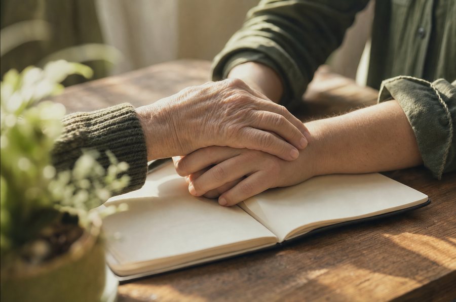 Two pairs of hands resting together over an open notebook