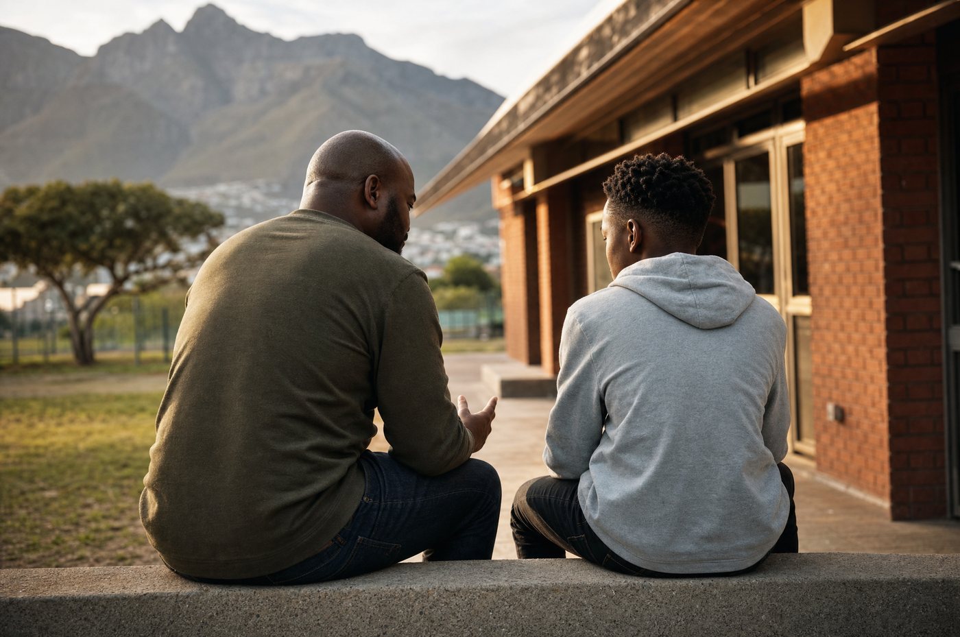 A volunteer mentor and a young person talking outside a community centre in Cape Town